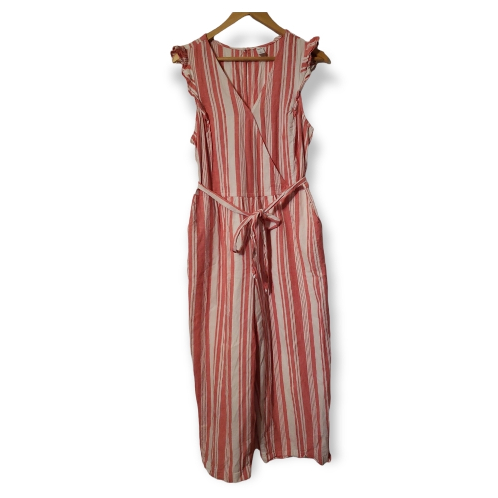Old Navy Coral and Cream Striped Sleeveless Jumpsuit